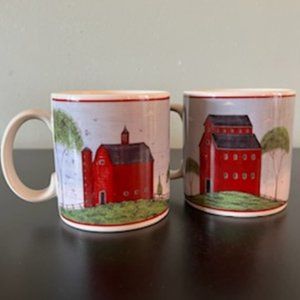 Set of 2 Warren Kimble RED BARNS 1998 Folk Art Coffee Mugs ~ Sakura ~ Americana